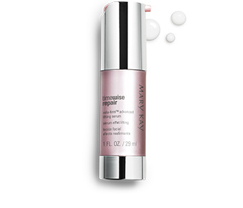 A tube of TimeWise Repair Volu-Firm Advanced Lifting Serum with accompanying product rubs.