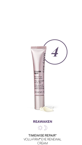 Reawaken with TimeWise Repair Volu-Firm Eye Renewal Cream, the fourth and final step in the order of application for Mary Kay’s TimeWise Repair skin care regimen for use both day and night.