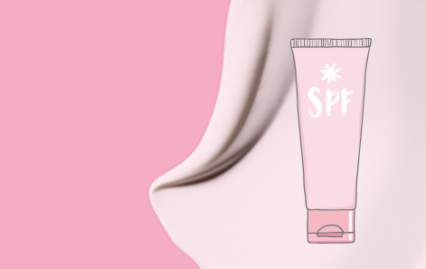 An illustration of a product with SPF sunscreen on a pink background with a product smear