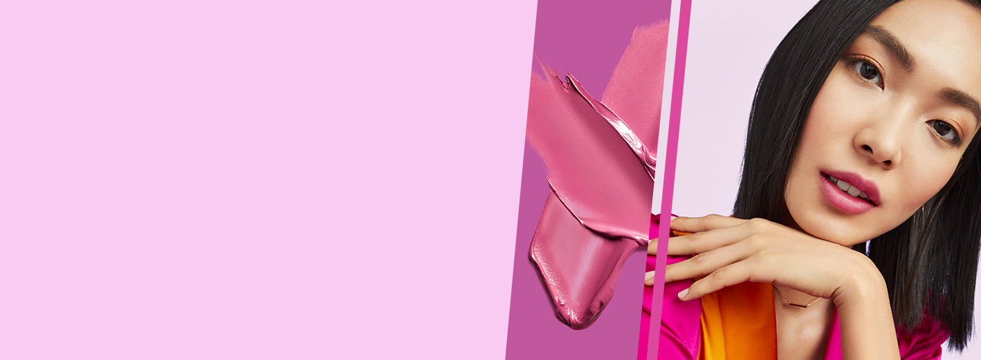 Model wearing the Blur The Lines makeup artist look from Mary Kay next to accompanying product rubs.