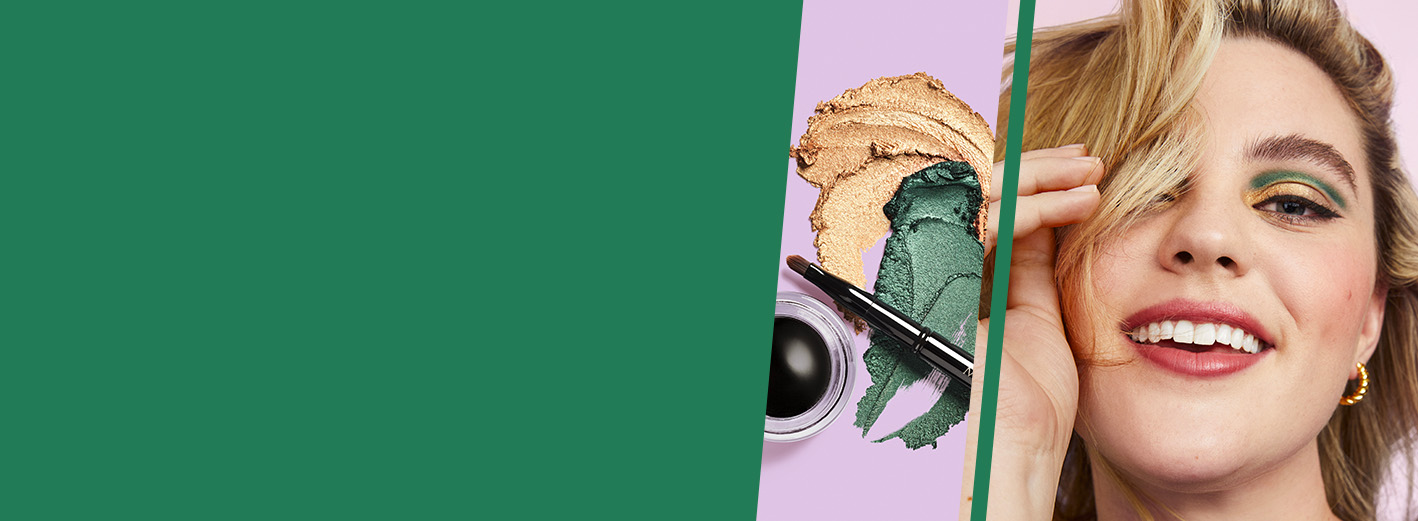 Smiling model wearing the Fantasy Garden makeup artist look from Mary Kay next to accompanying product rubs.