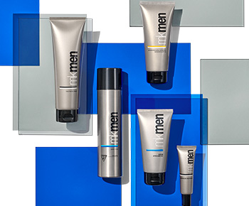 Mary Kay MKMen Skin Care products placed on transparent blue and gray rectangles