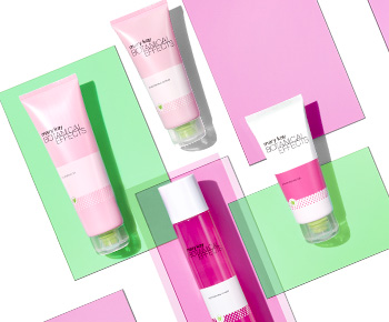 Mary Kay Naturally Botanical Effects Skin Care products placed on transparent pink and green rectangles