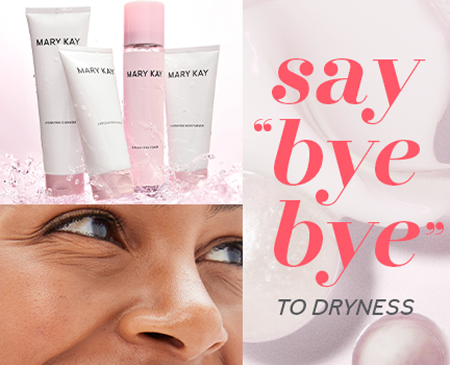 A collage that includes a picture of the Mary Kay Hydrating Regimen and a close up of dark-skinned model with brown eyes