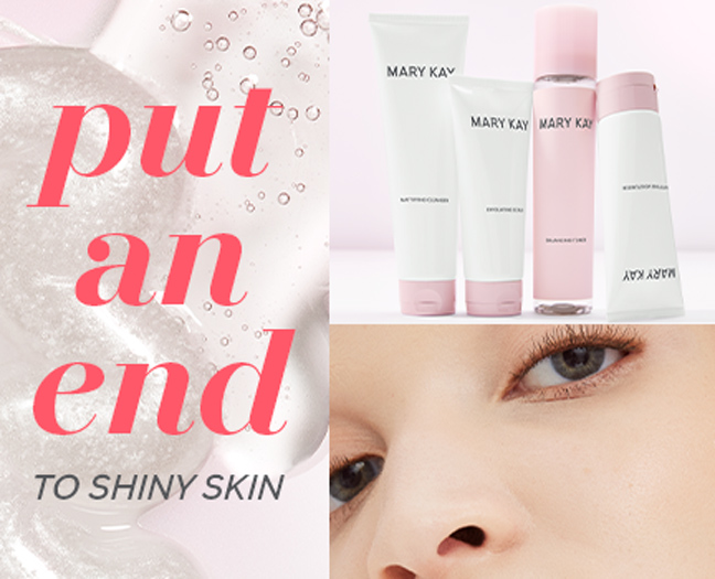 A collage that includes a picture of the Mary Kay Mattifying Regimen and a close up of fair-skinned model with blue eyes