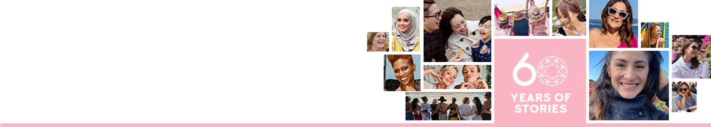 Collage of images of women with 60 years of stories text in center
