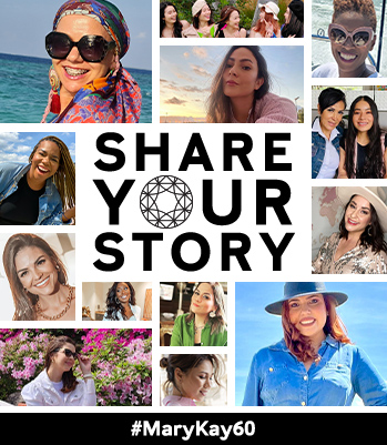 Bold text headline for 60 Years of Stories and the hashtag to use when submitting your Mary Kay story: #MaryKay60