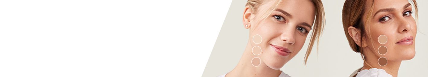 Headshots of light- and medium-skinned women with white-lined circles near their faces, showcasing various foundation shades, on a gray background