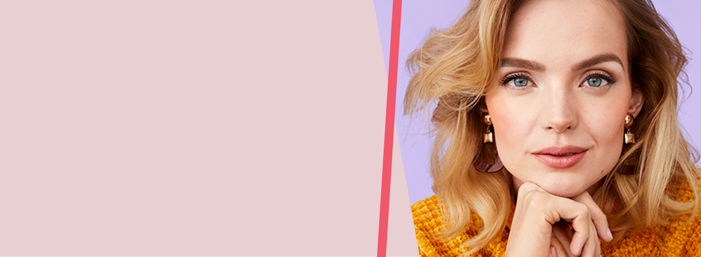 Close up of model wearing No Makeup Makeup look from Mary Kay against purple background