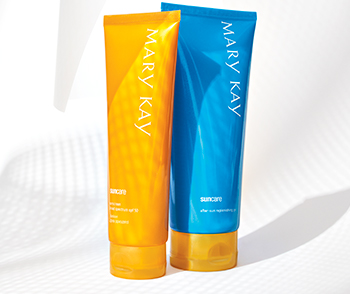 Mary Kay SPF 50 Sunscreen in a bright orange tube and Mary Kay After Sun Replenishing Gel in a Blue tube with an orange cap