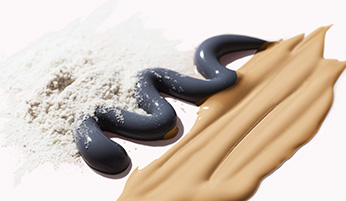 A trio of oily skin product rubs including Mary Kay® Translucent Loose Powder, Clear Proof® Deep-Cleansing Charcoal Mask and TimeWise® Matte 3D Foundation artfully displayed on a solid background