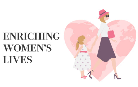 Illustration of mother and child promoting the initiatives spearheaded by the Pink Changing Lives program from Mary Kay.