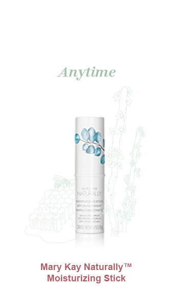Mary Kay Naturally Moisturizing Stick pictured with light green illustrations of honeycomb with a bee and a candelilla wax plant