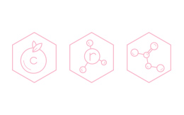 A pink graphic representation of skin care ingredients vitamin C, retinol and glycolic acid in a row