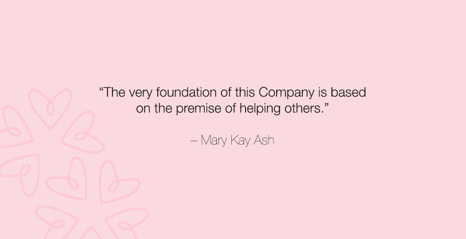 Quote from Mary Kay Ash on pink background with hearts.
