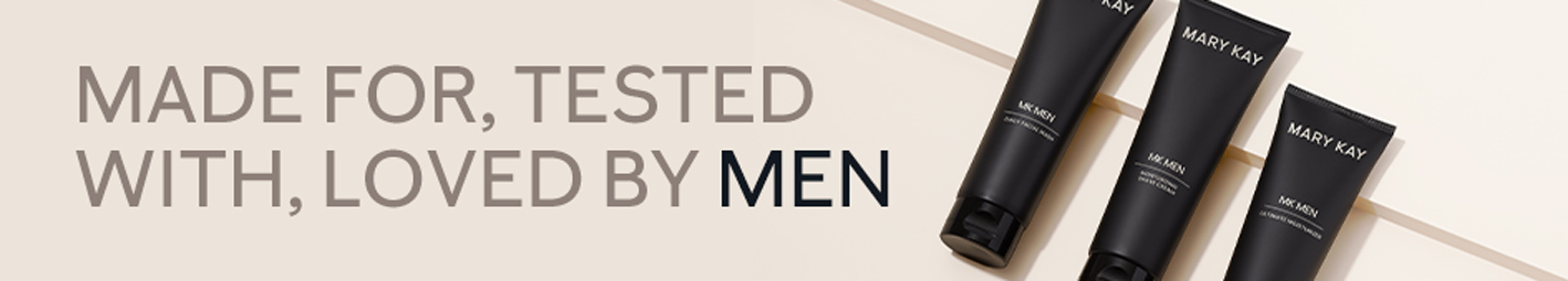 The MKMen regimen of cleanser, shave cream and moisturizer lined up in a row