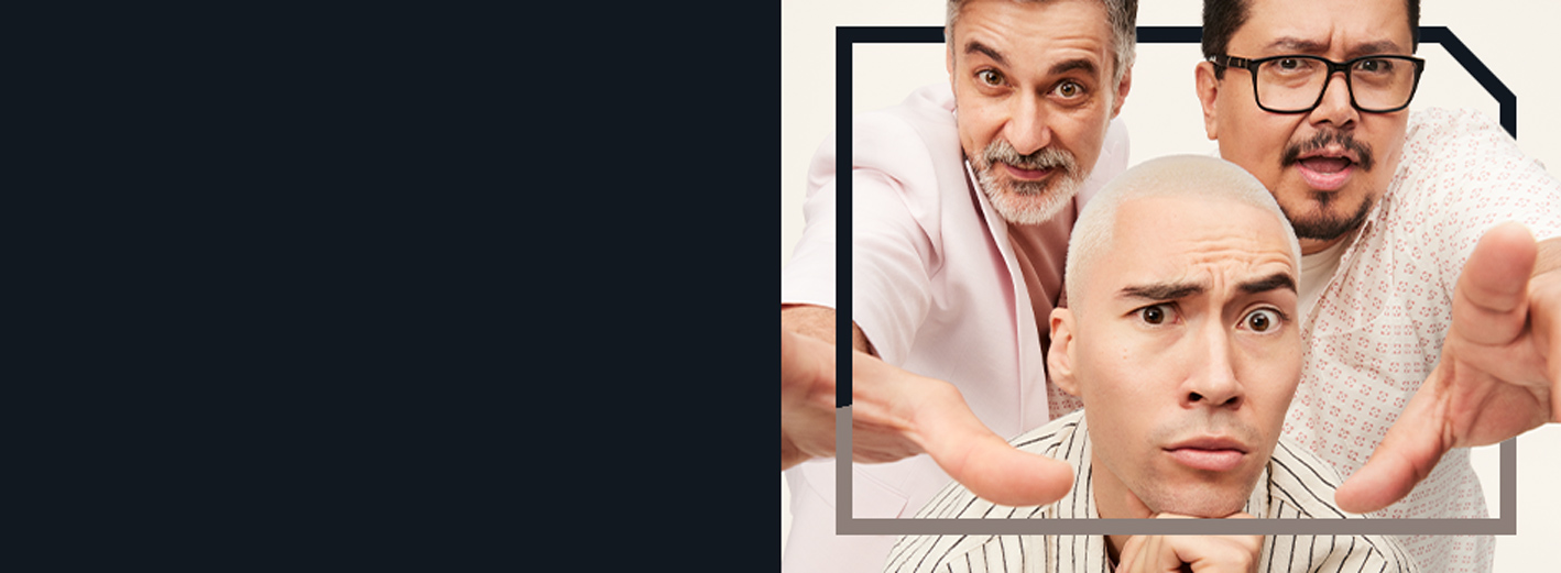 An expressive trio of male talent looking goofily into the camera