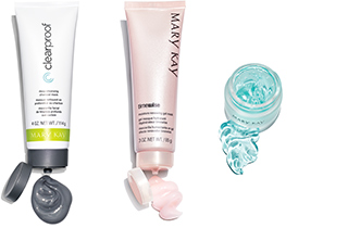 Three Mary Kay mask products with product swatches to show color and consistency.