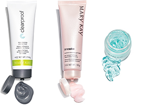 Three Mary Kay mask products with product swatches to show color and consistency.