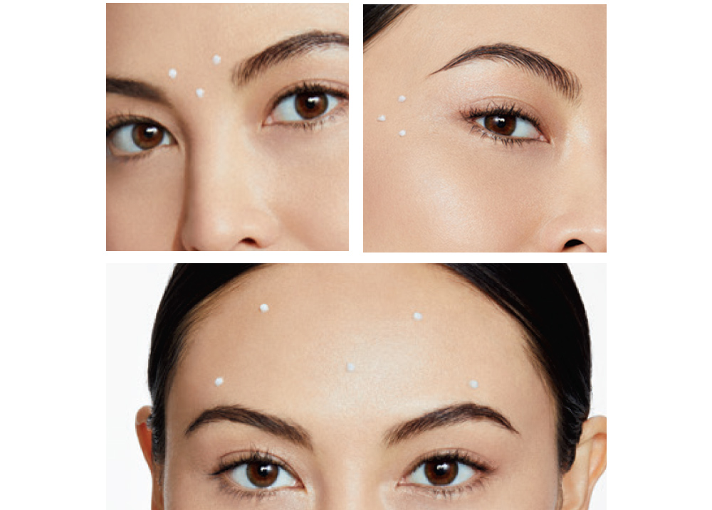 Close-up images of Dynamic Wrinkle Limiter applied to key zones (between brows, extended crow’s-feet and forehead) on brunette woman 