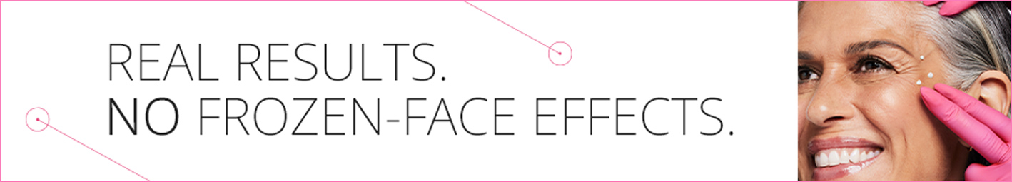 A pink medical gloved hand rubbing in Dynamic Wrinkle Limiter topical cream to a grey-haired woman’s extended crow’s-feet area