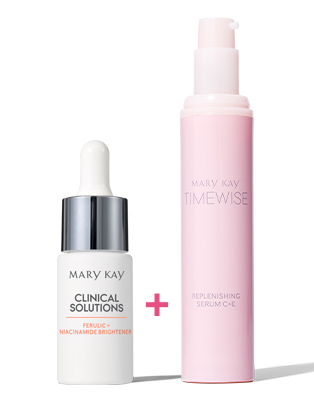 TimeWise Replenishing Serum C+ E and Clinical Solutions Ferulic + Niacinamide Brightener from the Best-in-Brightness Bundle standing against a plain background