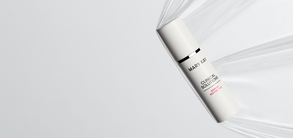 Bottle of Mary Kay Clinical Solutions Barrier Restore 1:1:3 suspended in a sheet of plastic representing a strong skin barrier