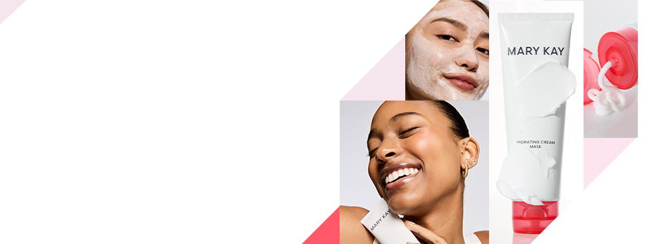 Two women wearing thin to thick applications of the mask, next to two product hero images